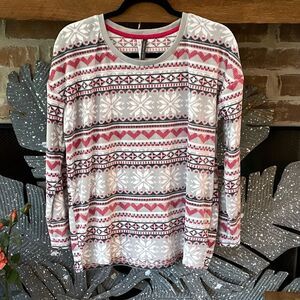 NWOT Jaclyn Intimates Size Large Plush Velour Gray/Red Fair Isle Top